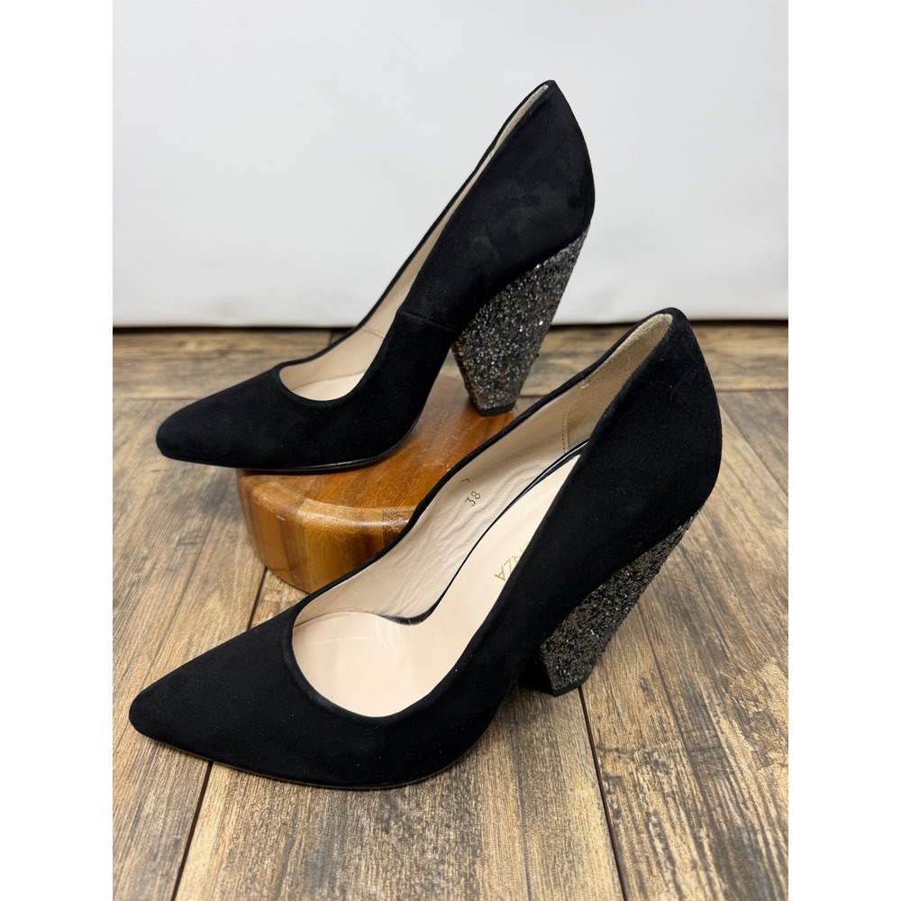 Ramon Tenza Black Suede Glitter Block Heel Pumps Pointed Toe Made in Spain Sze38